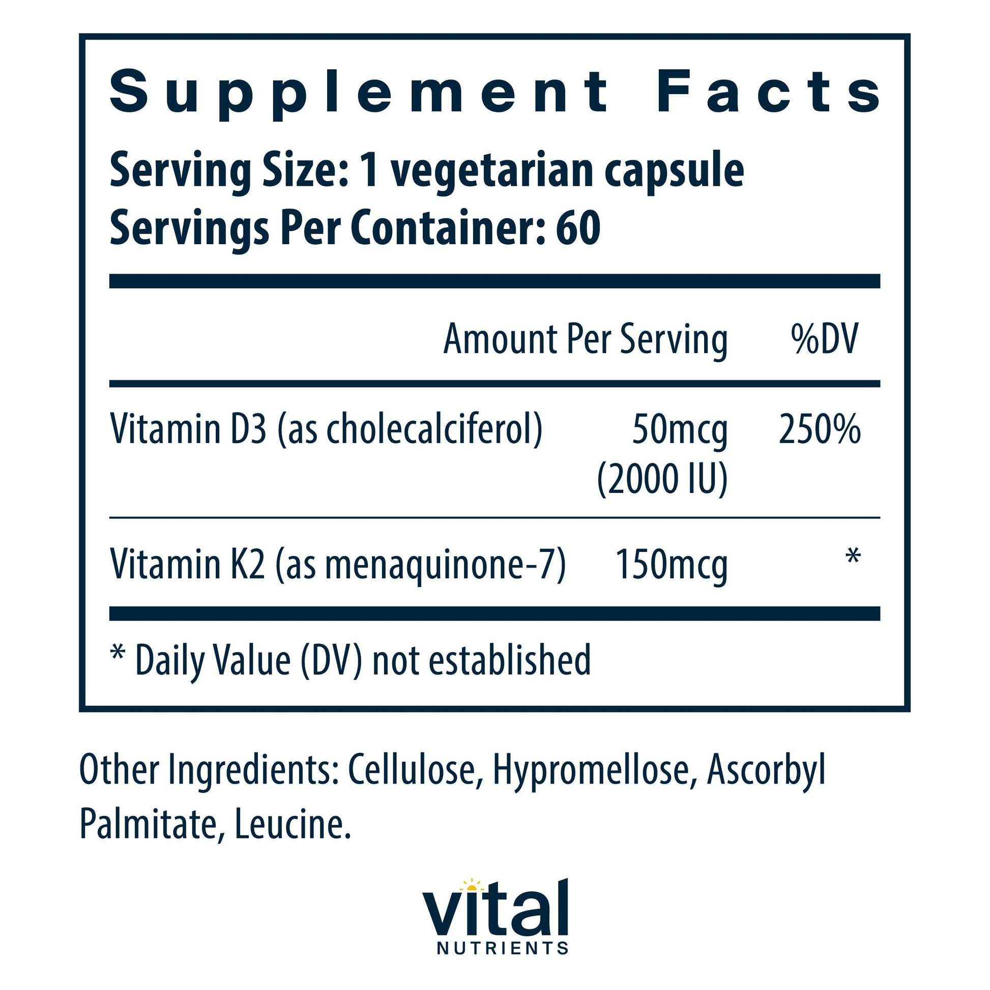 Vitamina d3 k2 suplemento cápsulas vista frontal vital nutrients