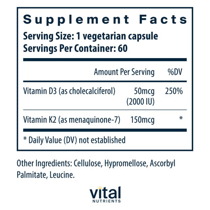 Vitamina d3 k2 suplemento cápsulas vista frontal vital nutrients