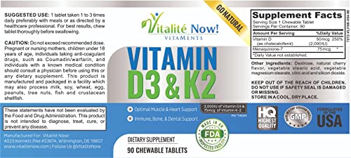 Vitamina D3 y K2 Vitalité Now tabletas para salud ósea e inmunidad