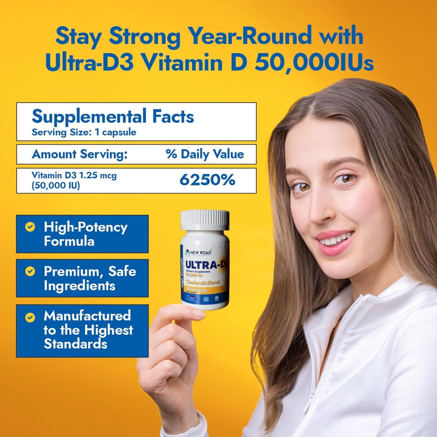 Vitamina D3 50000 UI ULTRA-D3 apoyo óseo e inmunológico