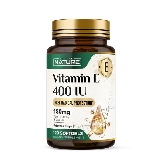 Botella de vitamina E 400 IU Built by Nature con aceite de oliva, 120 softgels