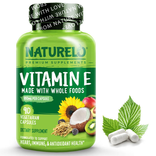 Envase de vitamina E NATURELO con 90 cápsulas veganas.