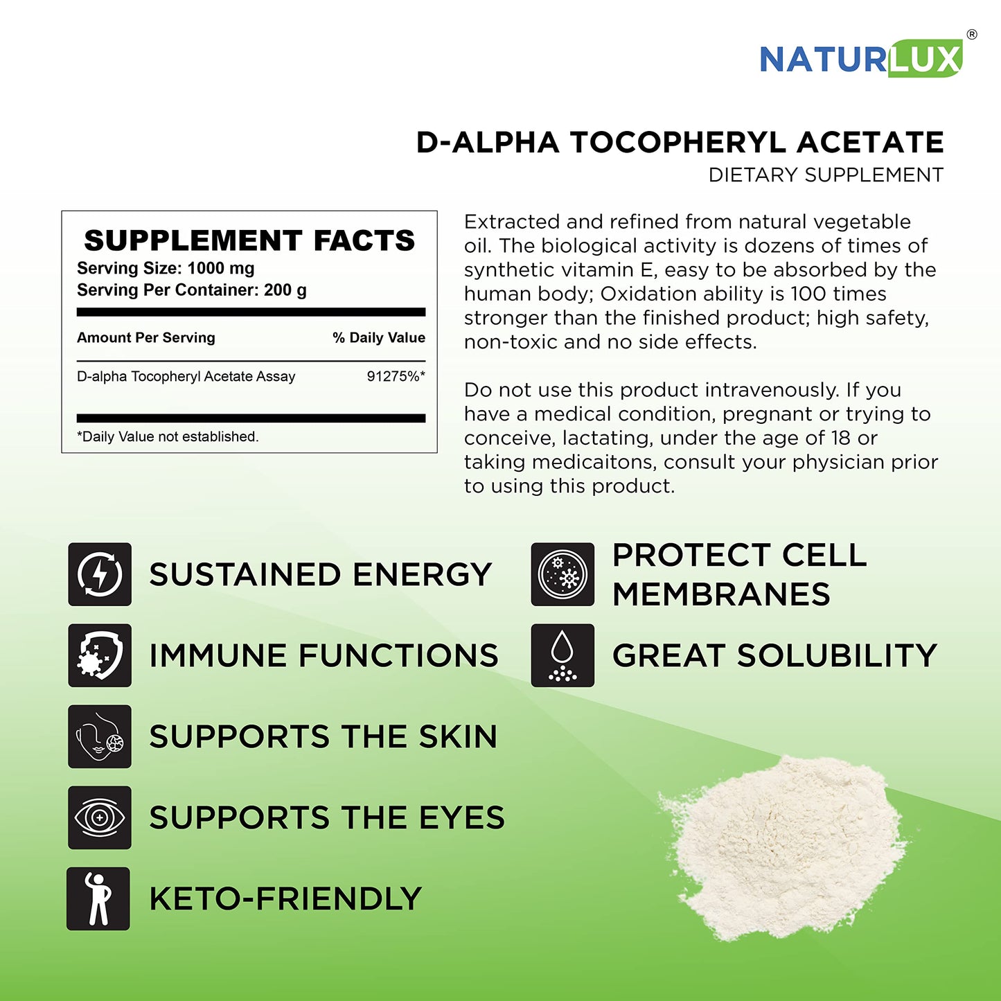 Lado derecho frasco de vitamina e Naturlux D-Alpha