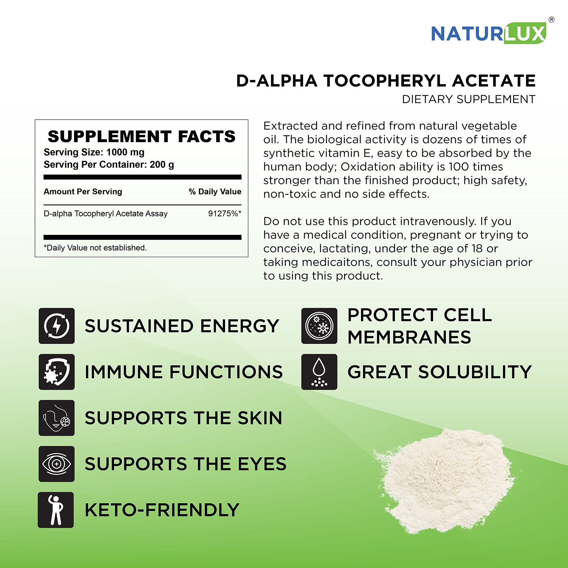 Lado derecho frasco de vitamina e Naturlux D-Alpha
