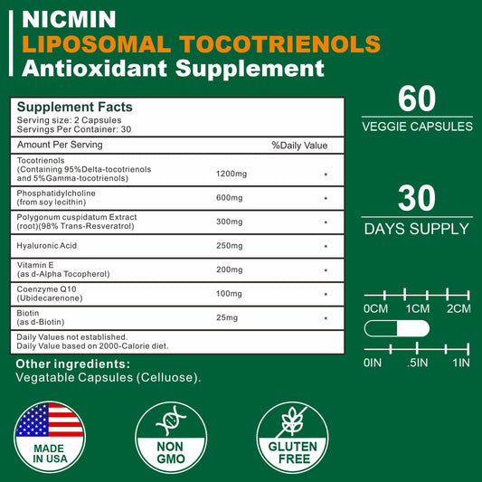 Etiqueta frontal suplemento Vitamina E Tocotrienoles NICMIN 120 cápsulas