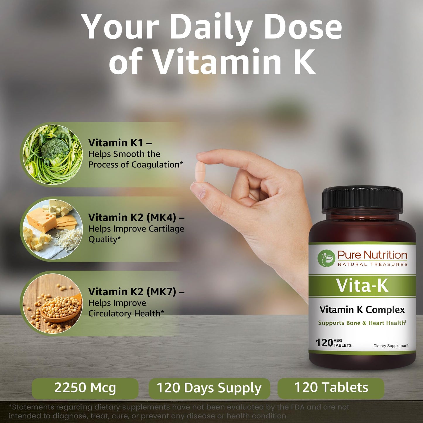 Vitamina K Pure Nutrition apoya utilización calcio y salud ósea