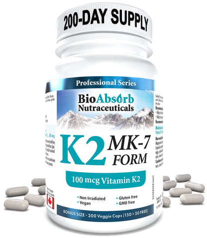 Vitamina K2 MK-7 suplemento. Cápsulas vegetarianas Bio Absorb.