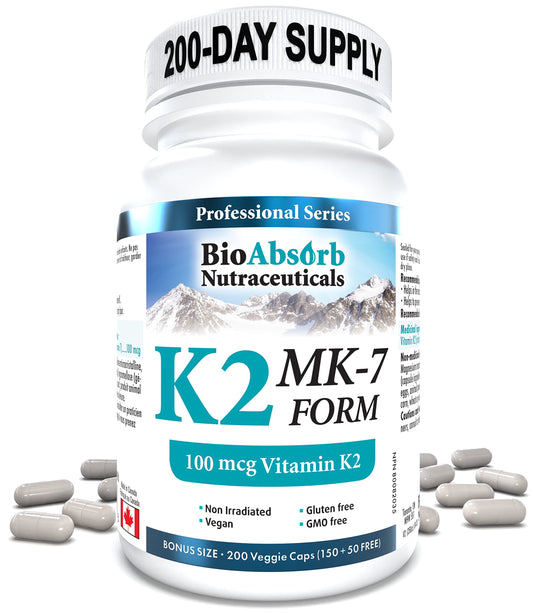 Vitamina K2 MK-7 suplemento. Cápsulas vegetarianas Bio Absorb.