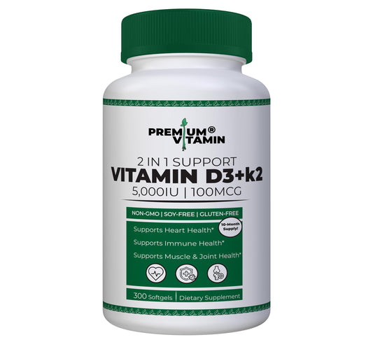 Botella de Vitamina Premium D3 + K2 con 300 softgels.