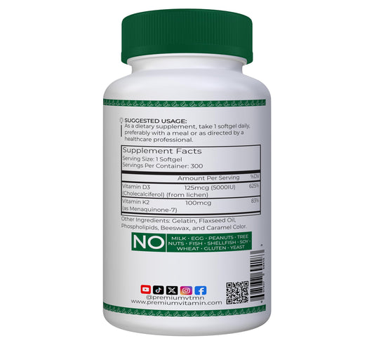 Etiqueta de la parte trasera de Vitamina Premium D3 + K2.