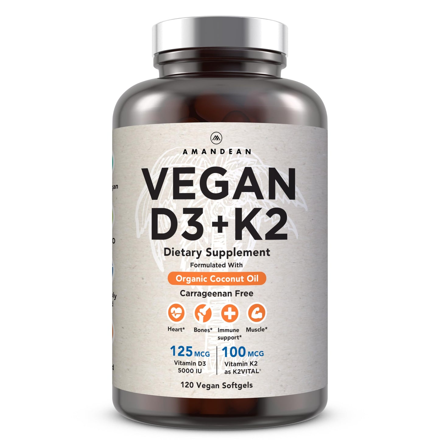Vitamina vegana D3 K2 AMANDEAN 120 cápsulas blandas