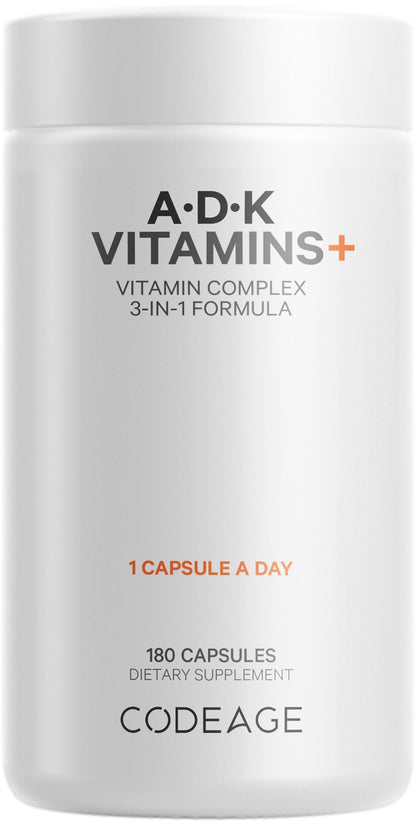 Frasco de vitaminas ADK de Codeage con 180 cápsulas.