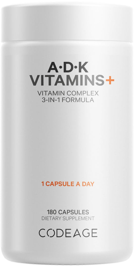 Frasco de vitaminas ADK de Codeage con 180 cápsulas.