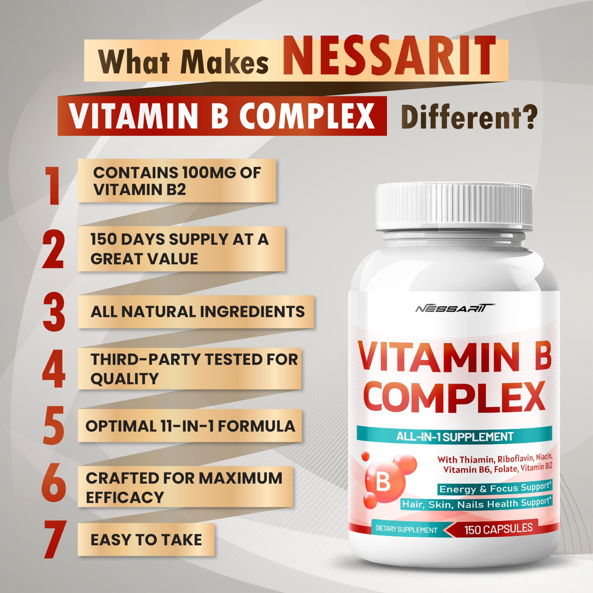 Vitaminas B para cabello piel uñas Nessarit suplemento alta calidad