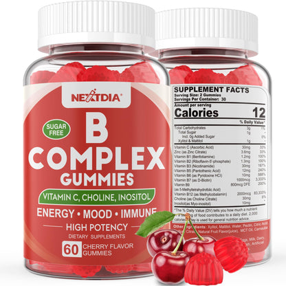 Frasco de Vitaminas B Complejo en Gomitas Veganas sabor cereza
