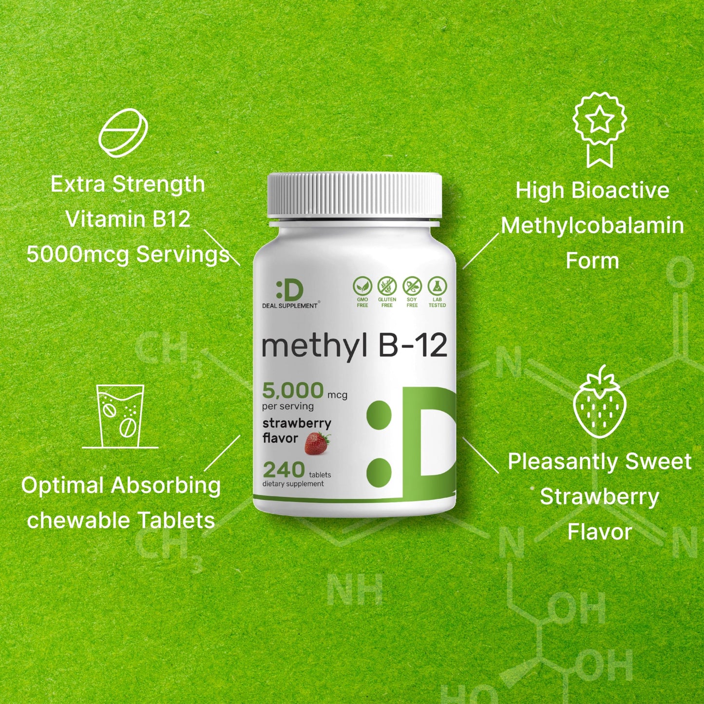 Vitaminas B12 sin gluten y sin GMO con sabor fresa