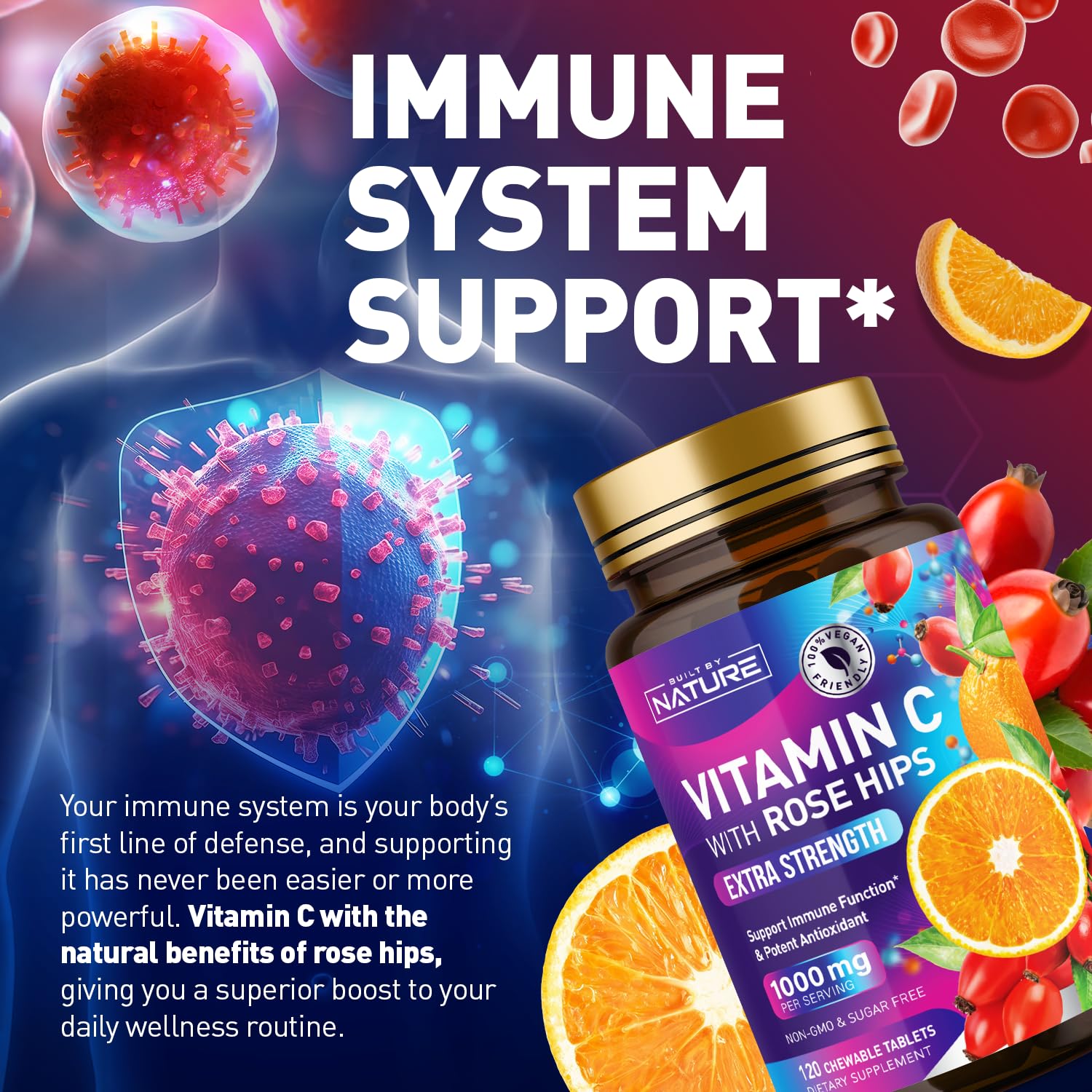 Vitaminas C con escaramujo energía y colágeno sabor naranja 120 tabletas
