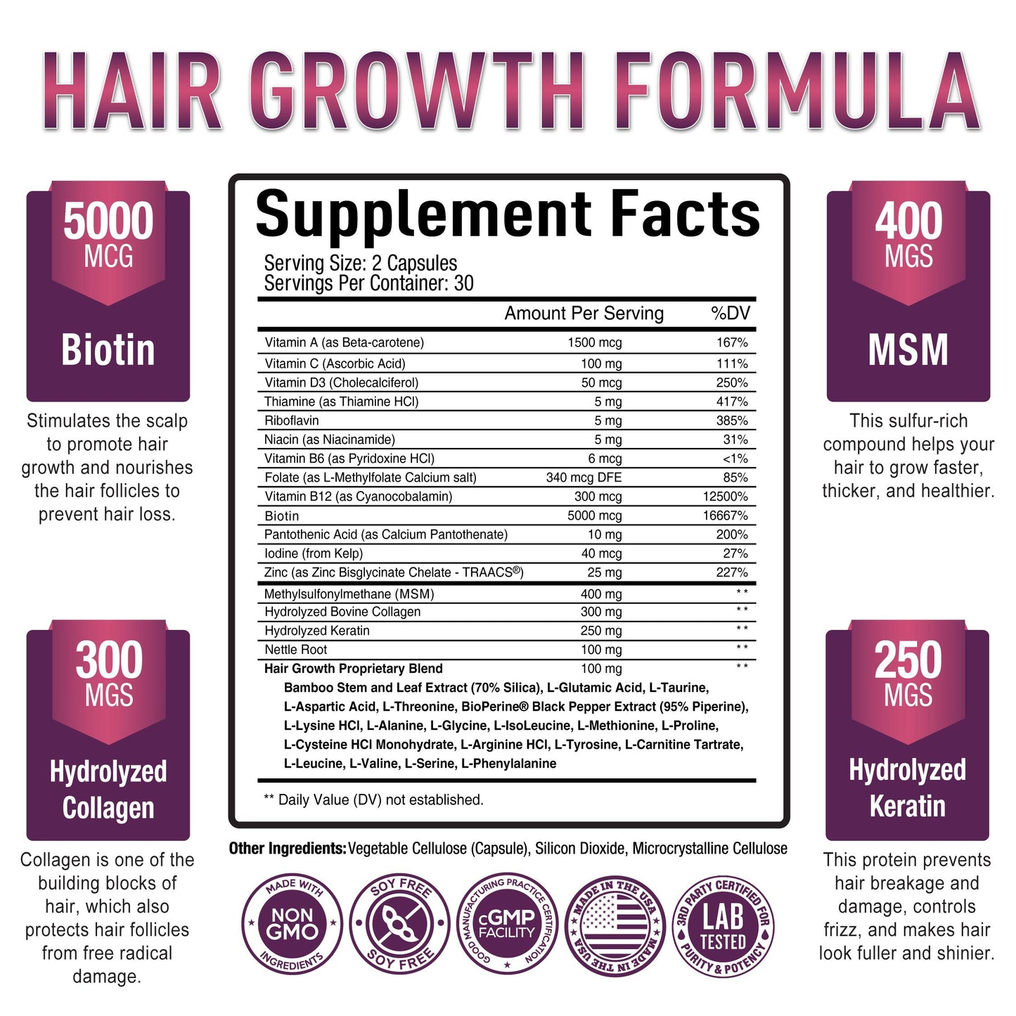 Vitaminas para cabello con biotina y queratina Purely Optimal