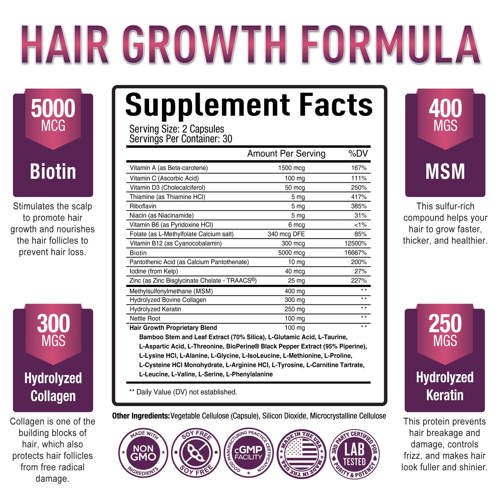 Vitaminas para cabello con biotina y queratina Purely Optimal