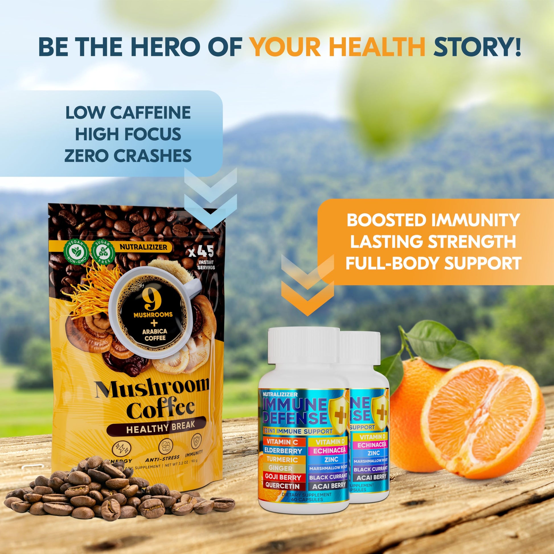 Vitaminas y café hongos para bienestar integral