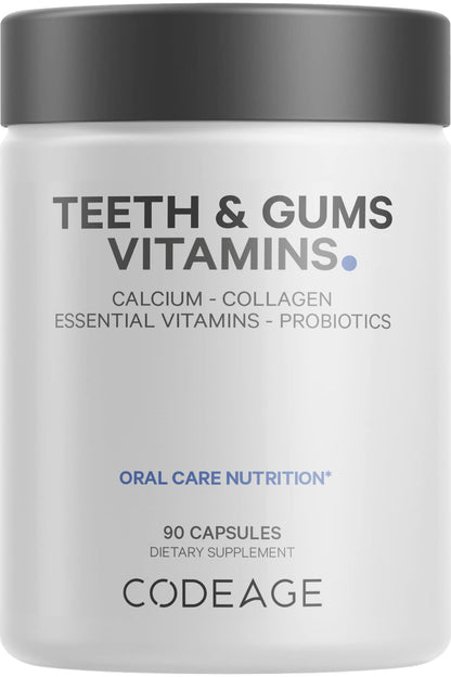 Botella de vitaminas Codeage para dientes y encías con nutrientes esenciales para la salud bucal.