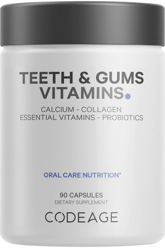 Botella de vitaminas Codeage para dientes y encías con nutrientes esenciales para la salud bucal.