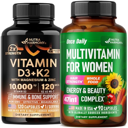 Botella de vitaminas D3 K2 y multivitamínicos para mujeres Nutraharmony