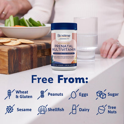 Vitaminas para embarazo Biostime con hierro y prebiótico