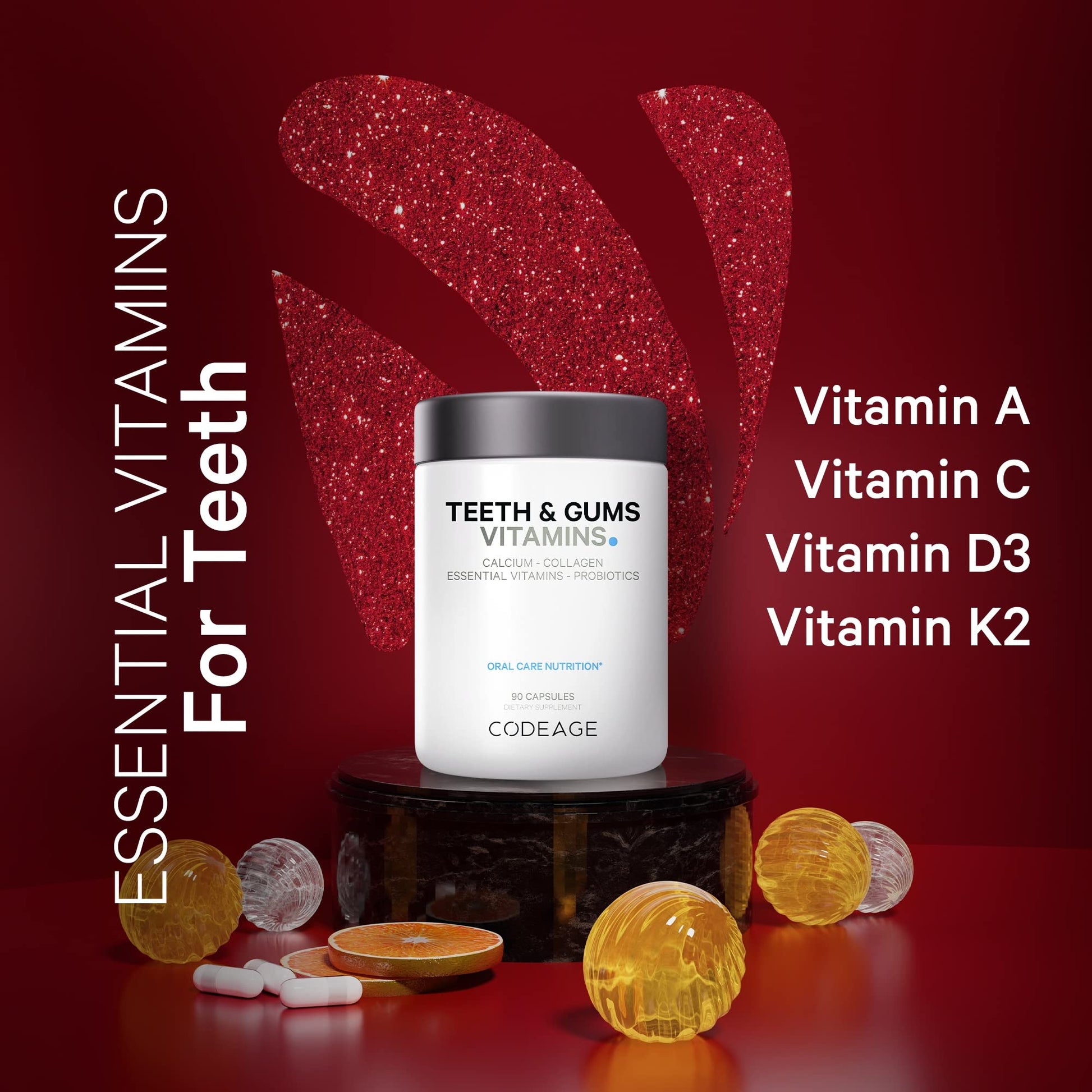 Promoción de vitaminas esenciales Codeage para dientes y encías con beneficios destacados.
