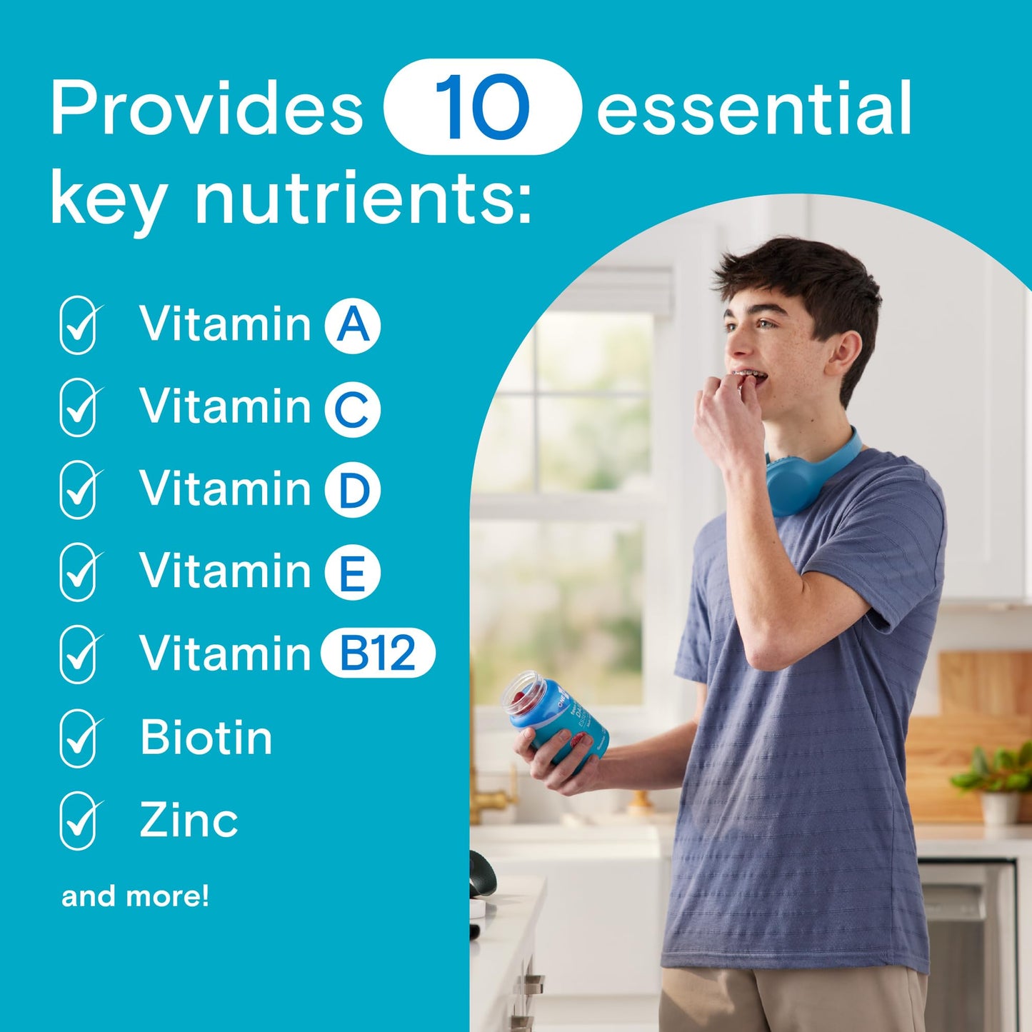 Vitaminas esenciales diarias en gomitas para chicos, sabor frambuesa natural.