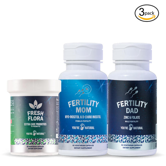Frasco de vitaminas para fertilidad en parejas con probióticos