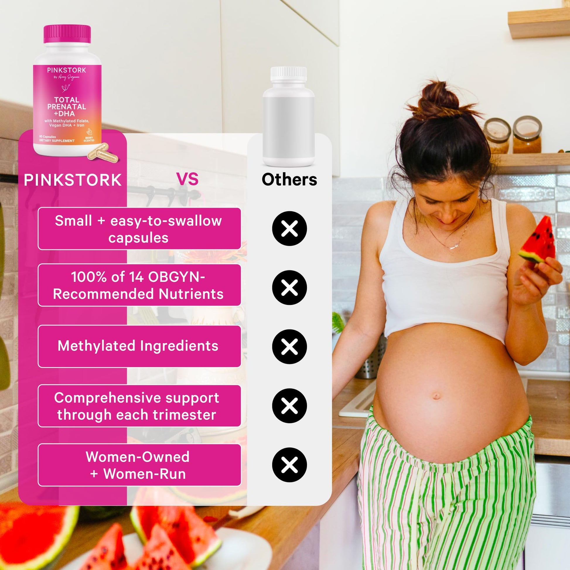 Vitaminas y hierro Pink Stork para salud prenatal