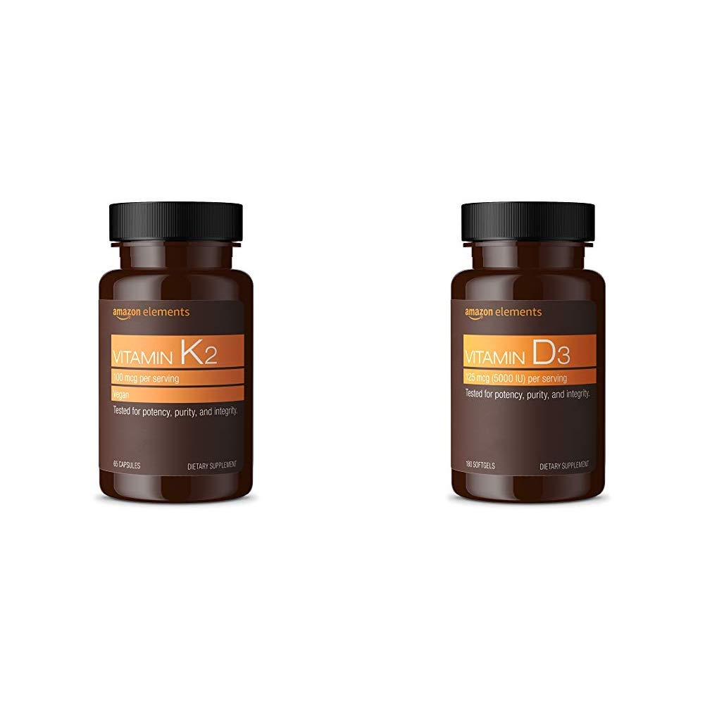 Vitaminas K2 y D3 Amazon Elements frasco con 65 cápsulas y 180 cápsulas blandas
