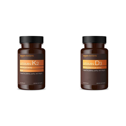 Vitaminas K2 y D3 Amazon Elements frasco con 65 cápsulas y 180 cápsulas blandas