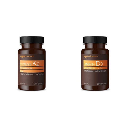 Vitaminas K2 y D3 Amazon Elements frasco con 65 cápsulas y 180 cápsulas blandas