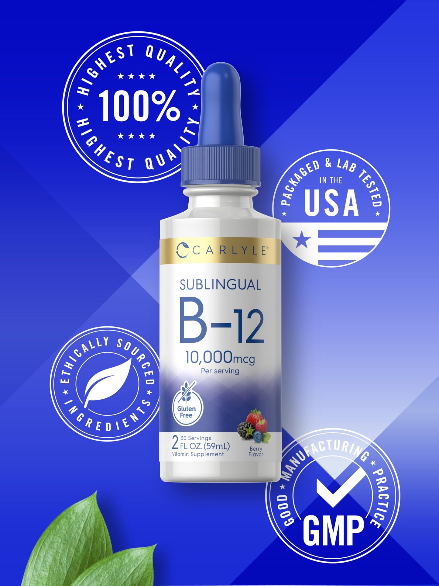 Vitaminas líquidas B12 con fórmula vegetariana y sabor a baya Carlyle