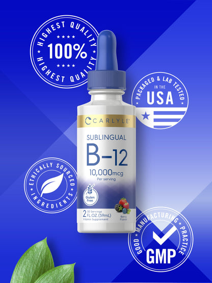 Vitaminas líquidas B12 con fórmula vegetariana y sabor a baya Carlyle