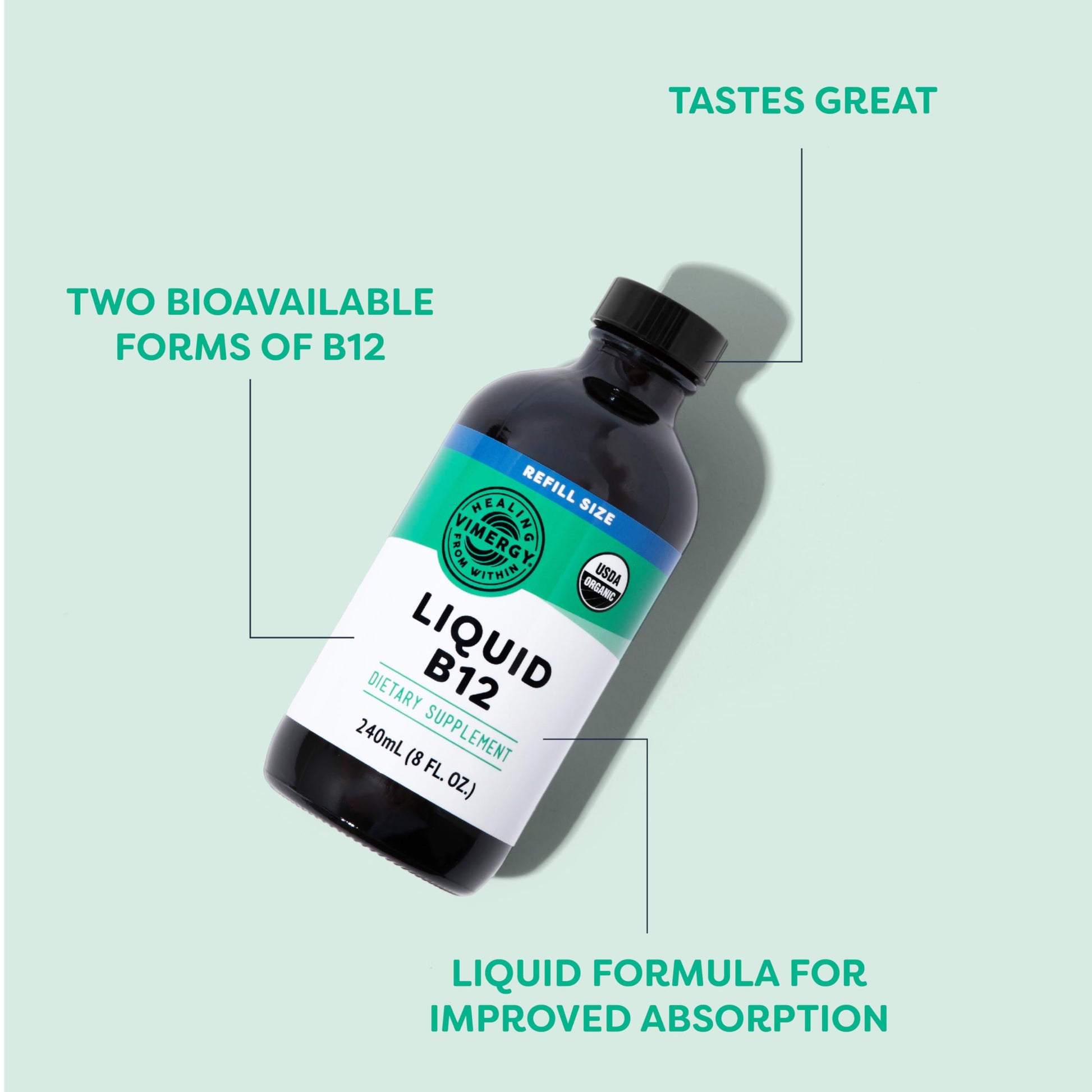 Vitaminas líquidas B12 Vimergy en botella orgánica y vegana