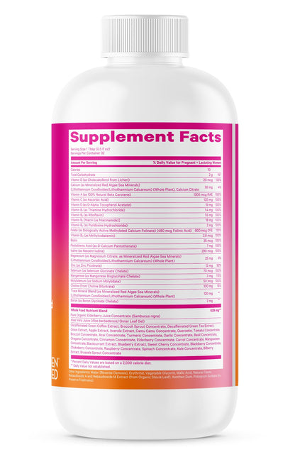 Vitaminas líquidas Pink Stork turquesa botella y caja