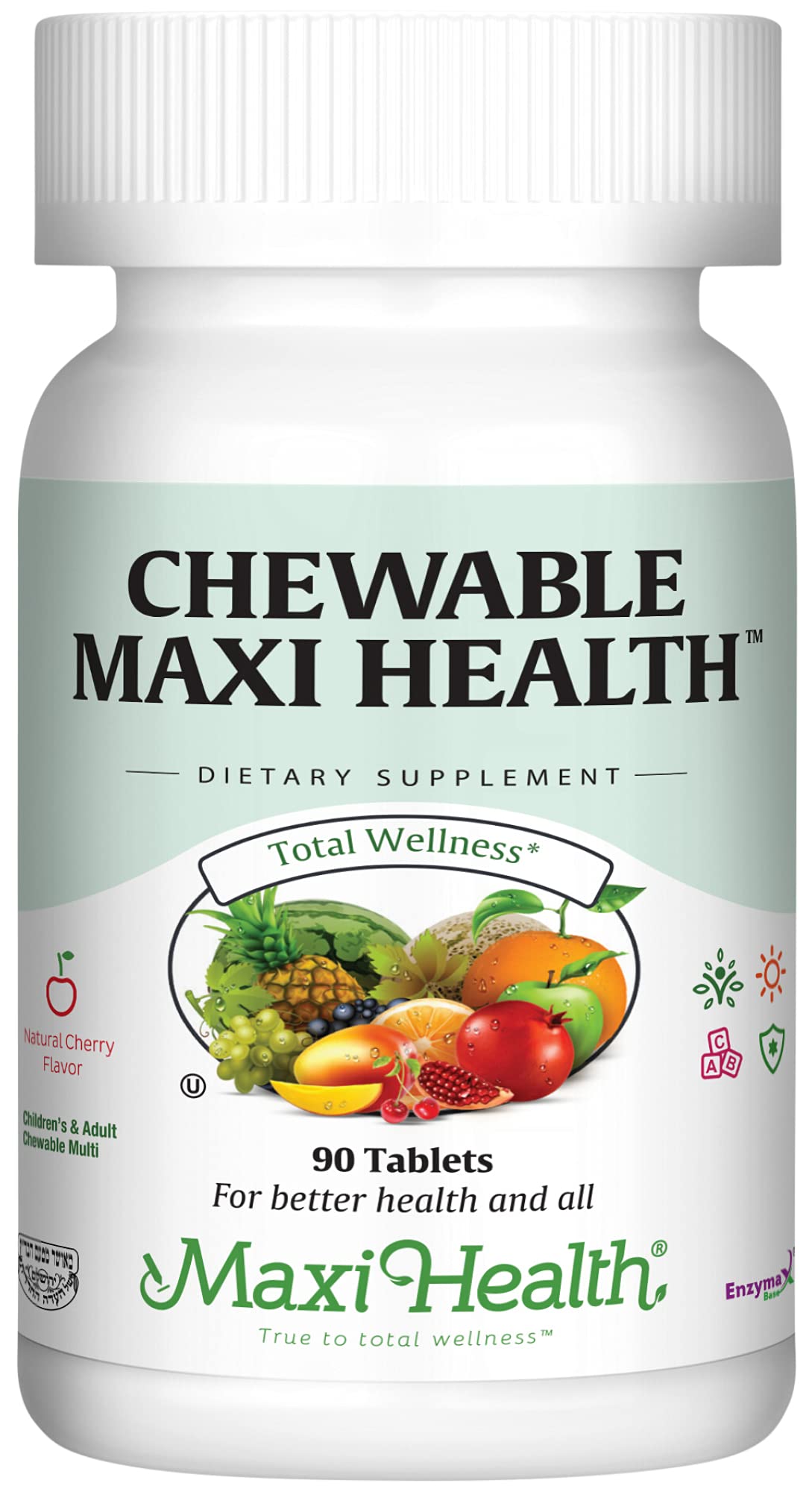 Botella de vitaminas Maxi Health etiqueta frontal mostrando sabor y nutrientes.