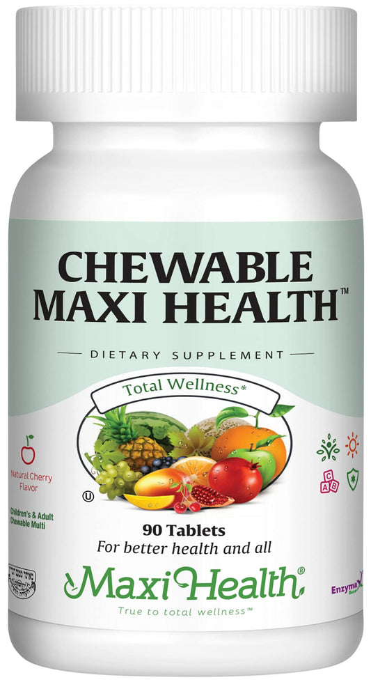 Botella de vitaminas Maxi Health etiqueta frontal mostrando sabor y nutrientes.