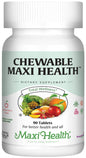 Botella de vitaminas Maxi Health etiqueta frontal mostrando sabor y nutrientes.