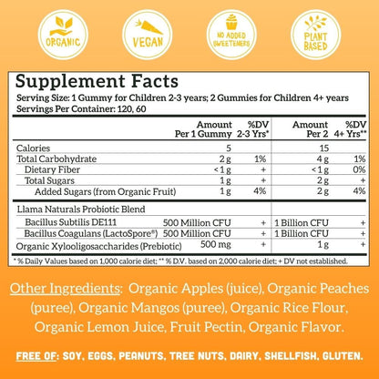 vitaminas masticables para niños con prebióticos y probióticos Llama Naturals
