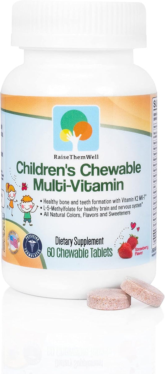 Frasco de vitaminas masticables para niños sabor fresa.