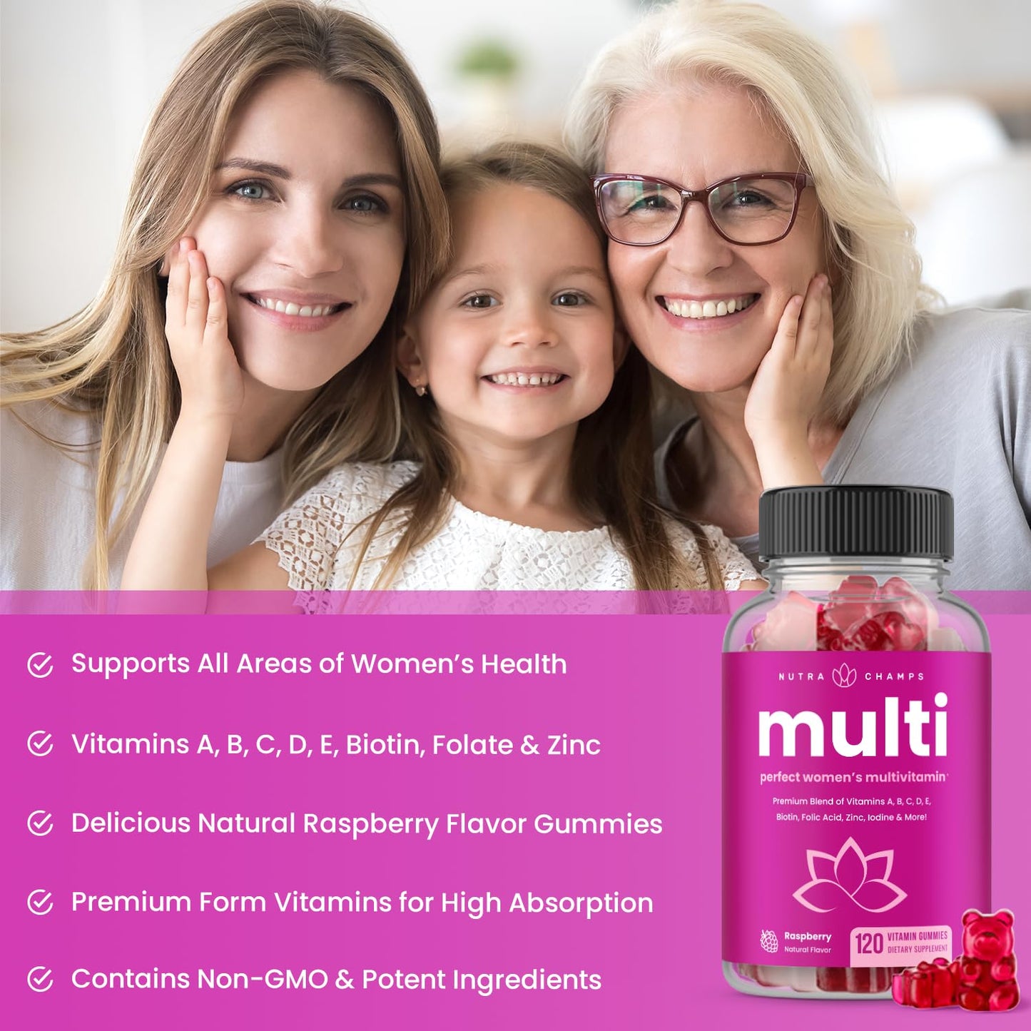Vitaminas masticables para la salud integral femenina.