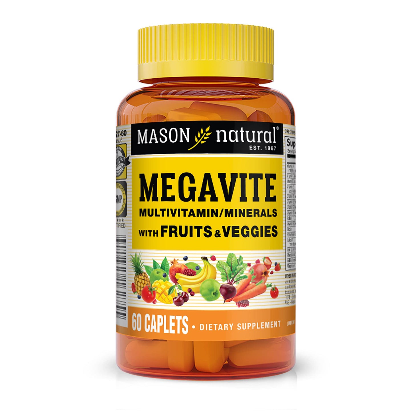 Botella de vitaminas Megavite con frutas y verduras