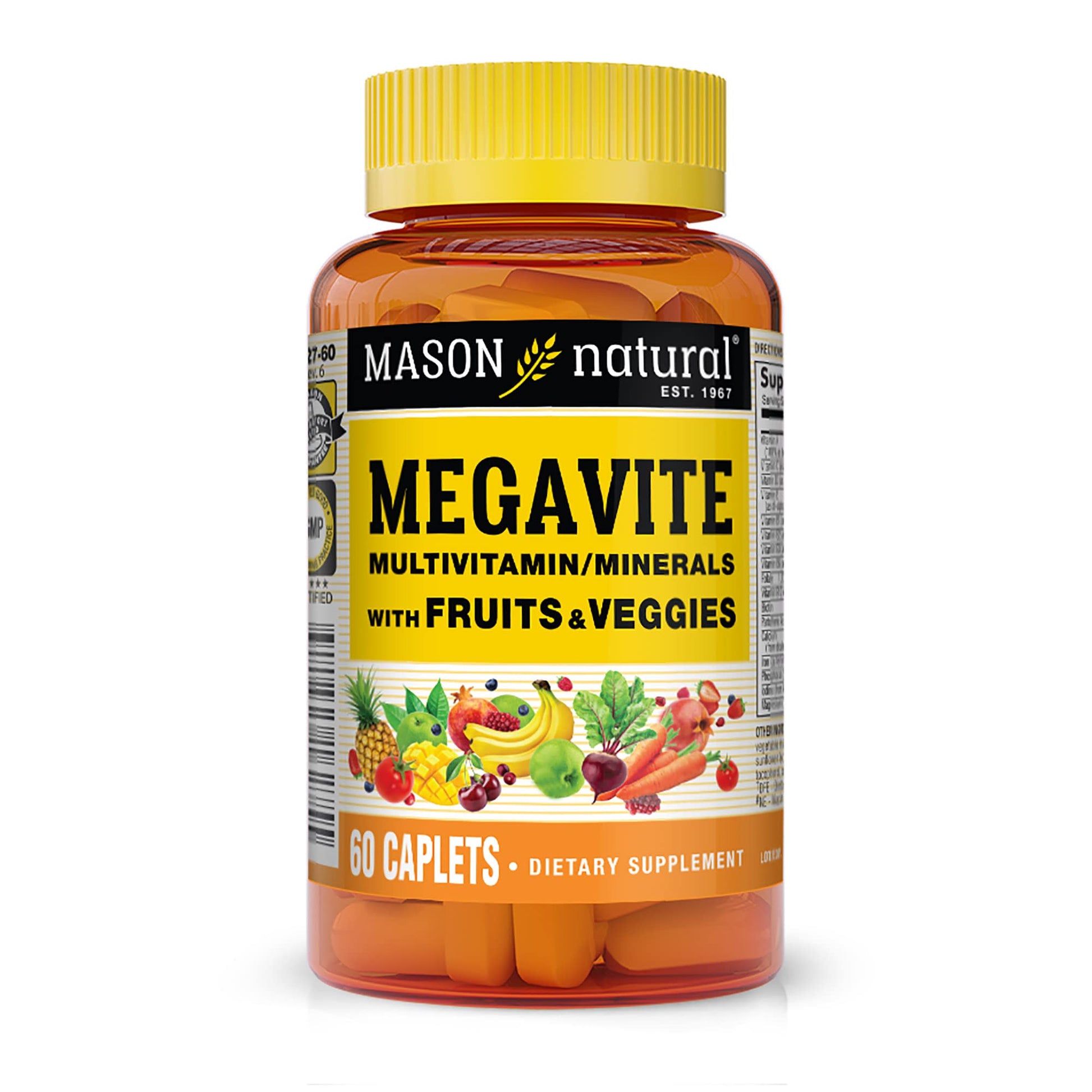 Botella de vitaminas Megavite con frutas y verduras