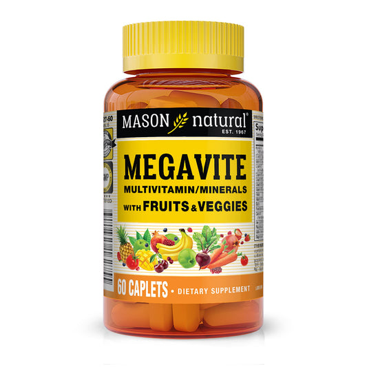 Botella de vitaminas Megavite con frutas y verduras
