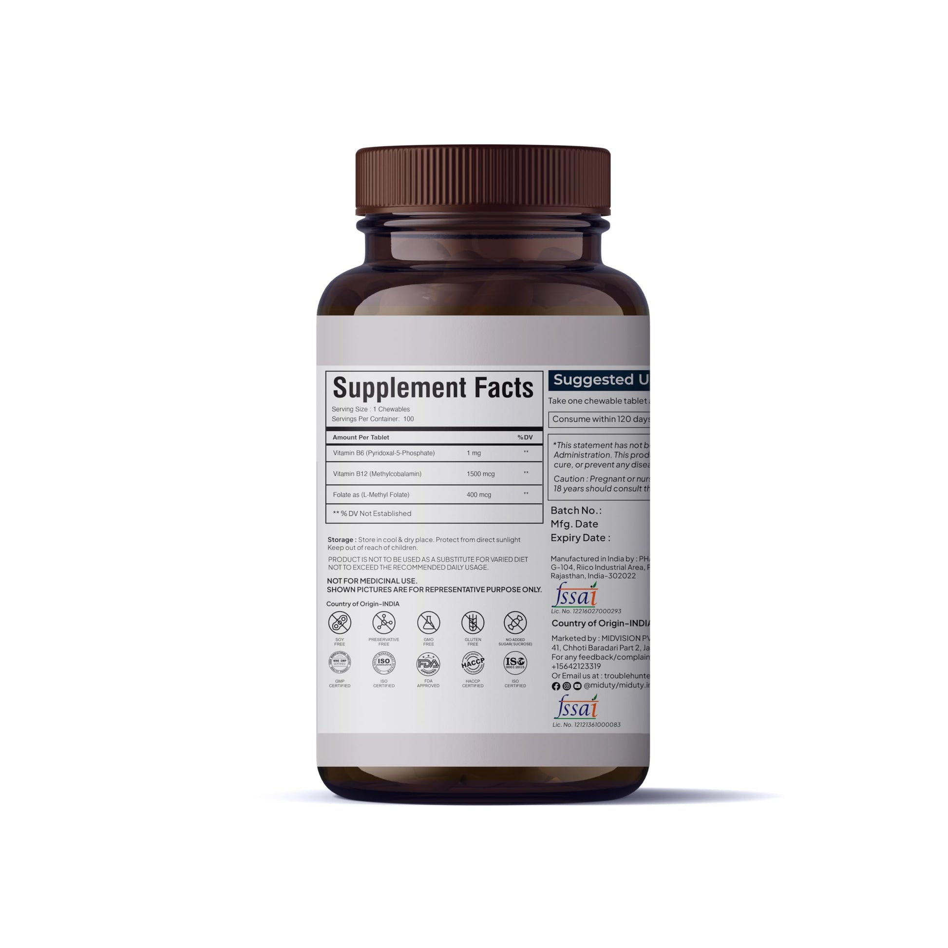 Vitaminas Miduty metil folato y b6 en tabletas
