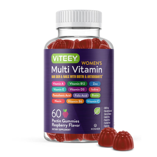 Botella de gomitas multivitamínicas para mujeres Viteey sabor frambuesa.
